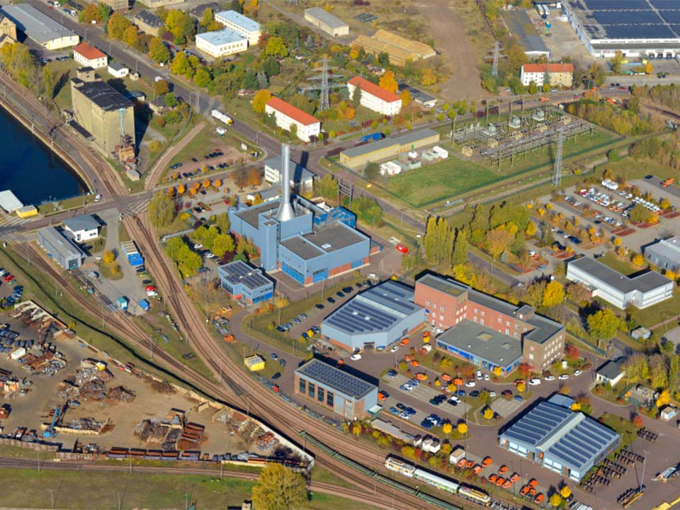 Eine Luftaufnahme vom Energiepark Trotha