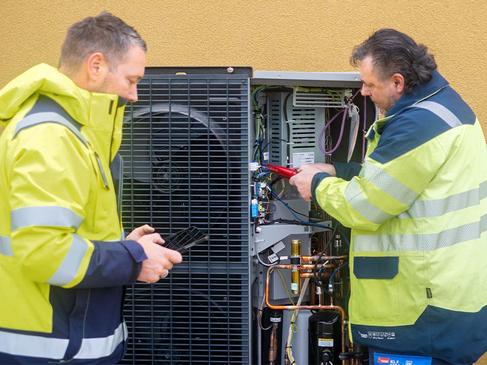 Zwei Techniker warten eine Wärmepumpe